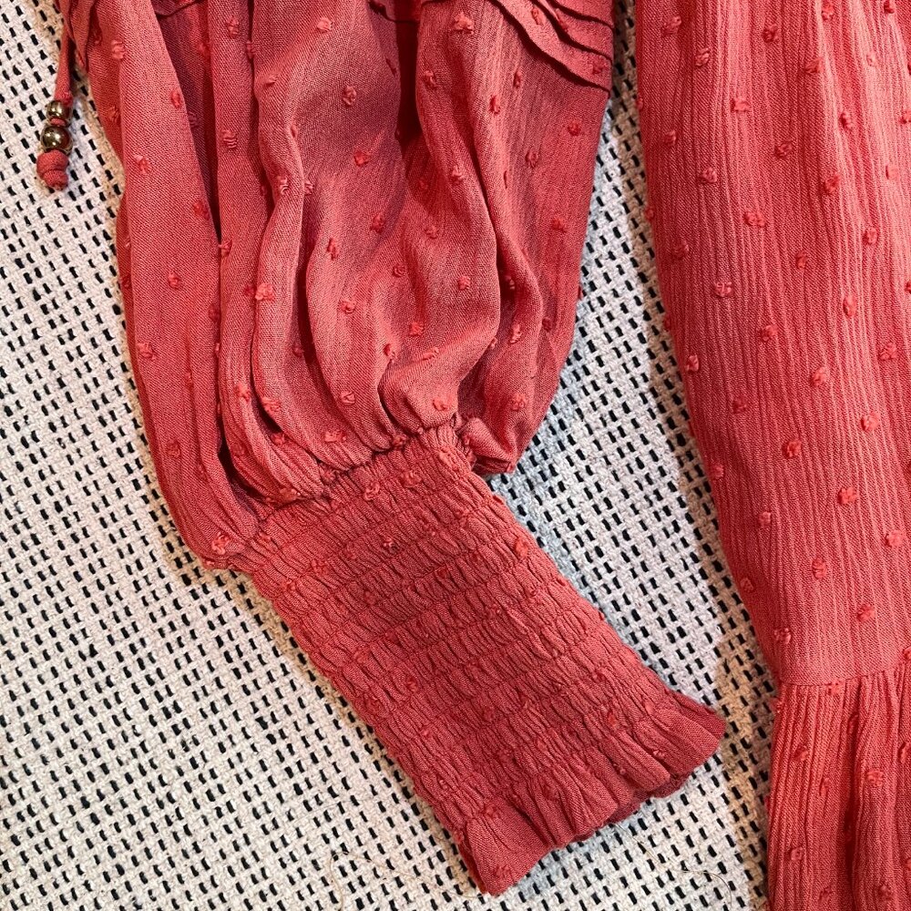 Kivari Boho Maxi Dress Rusty Orange Red Balloon Sleeve Tiered Pockets Size 6 - Picture 11 of 14